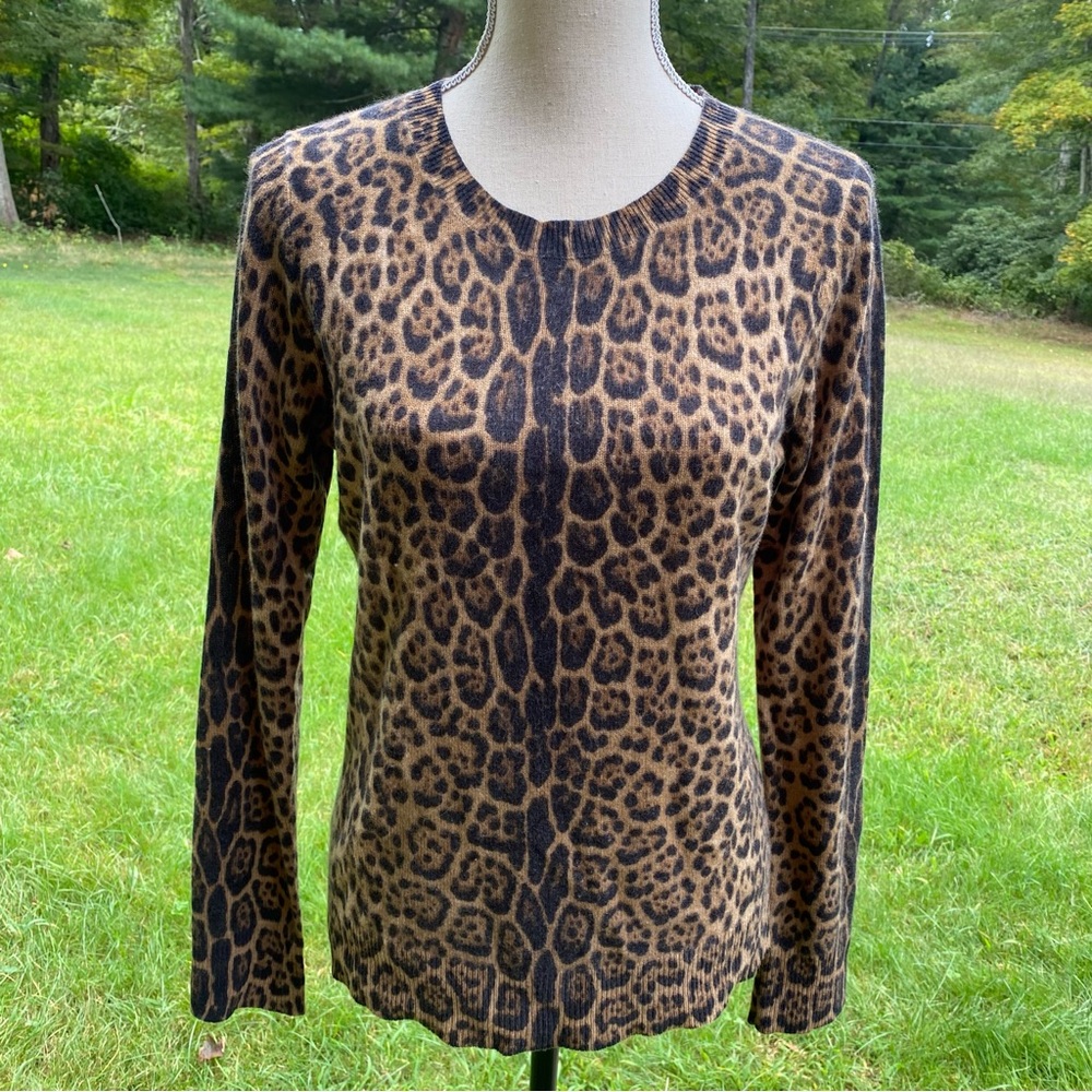 ONLY MINE SWEATER CREWNECK BROWN BLACK ANIMAL PRINT 2 PLY CASHMERE SIZE M